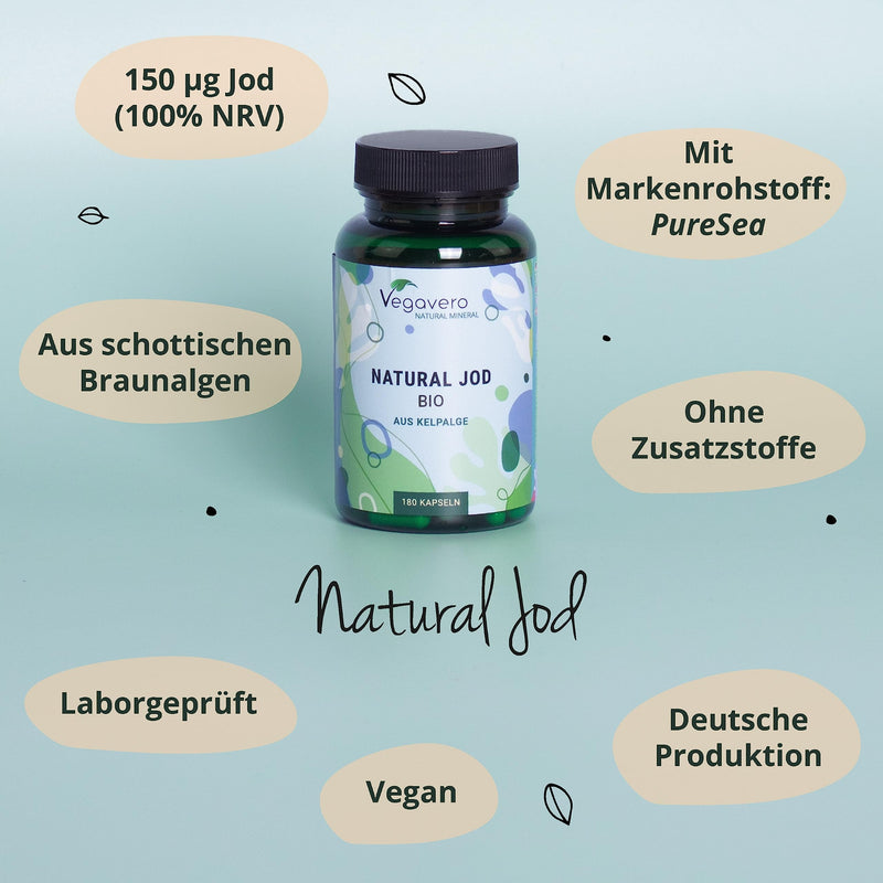 Iodine From Organic Kelp Vegavero | 100% Organic & Natural | Puresea From Scottish Brown Algae | 150 Œºg | Vegan & Without Additives | Laboratory Tested | 180 Capsules - NewNest Australia
