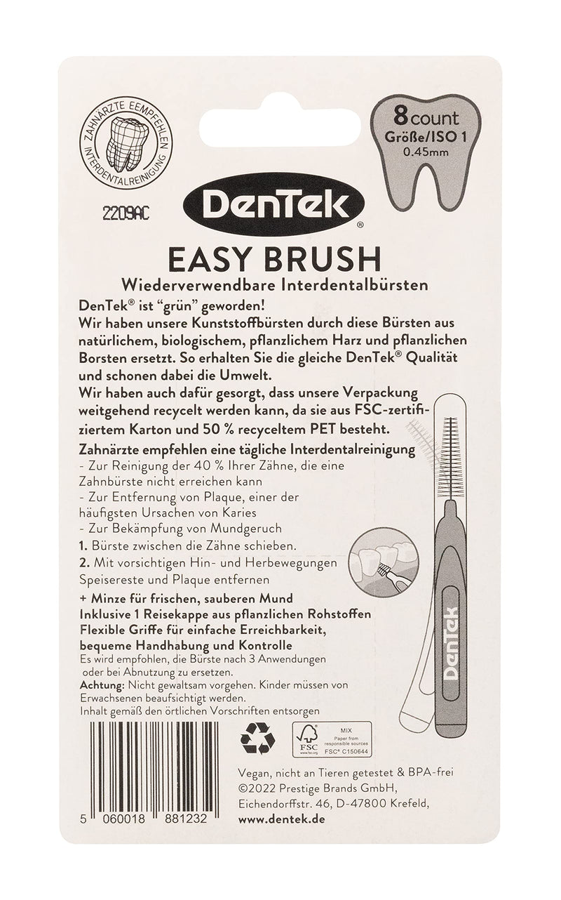 Dentek Eco Easybrush Interdental Brush Iso 1 Pack Of 8 Plant-Based 0.45 Mm Extra Fine For Very Tight Interdental Spaces With Mint Flavor & Hygienic Protective Cap - Reusable - NewNest Australia