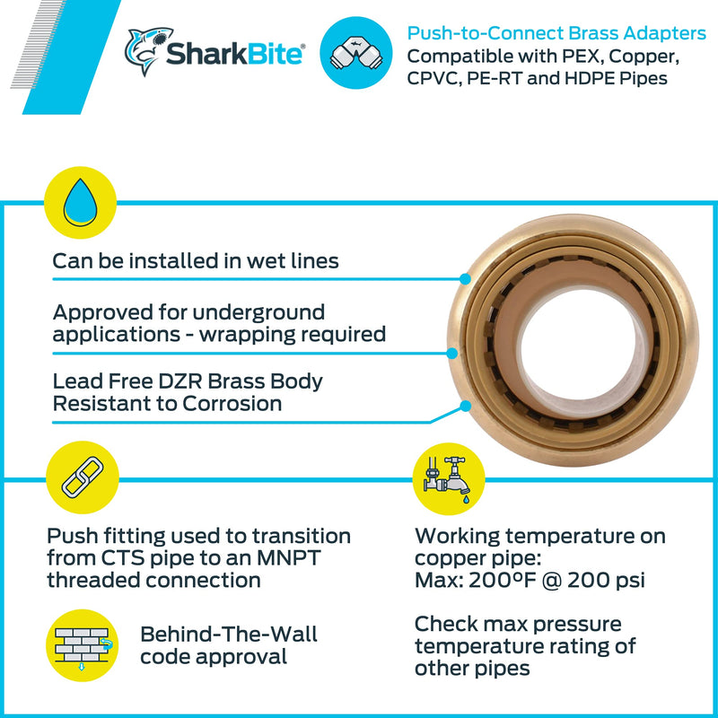 SharkBite 1 Inch MNPT Adapter, Push to Connect Brass Fitting, PEX Pipe, Copper, CPVC, PE-RT, HDPE, U140LFA 1 in. 1.0 - NewNest Australia