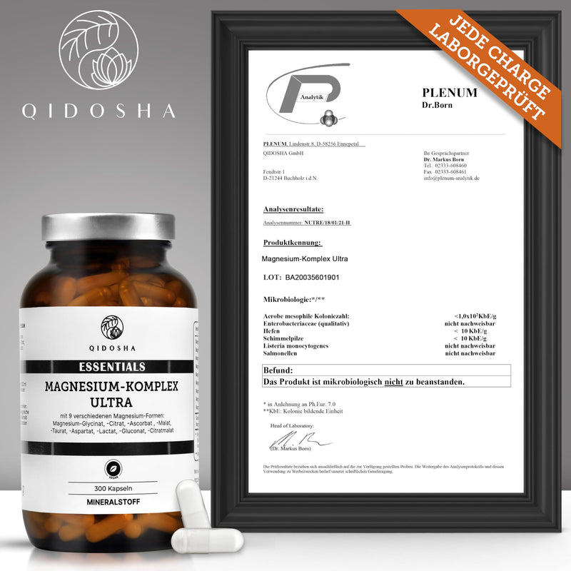 QIDOSHA® Magnesium Complex Capsules, 300 pieces in a pharmacy jar, 9 organic magnesium forms with complementary key effects as a full spectrum magnesium, 300mg elemental magnesium/daily portion - NewNest Australia