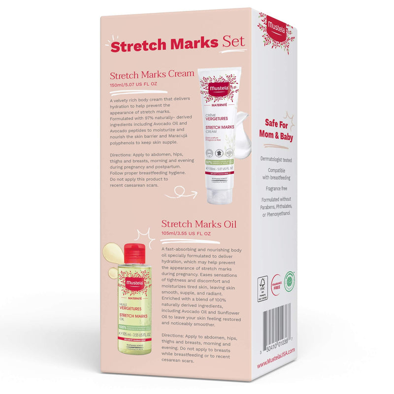 Mustela Maternity Stretch Marks Set - Fragrance-Free Stretch Marks Cream & Stretch Marks Oil - with Natural Ingredients - 2 Items Set - NewNest Australia