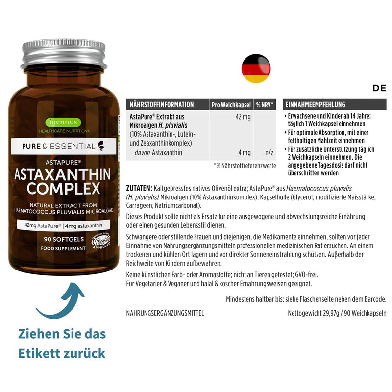Astaxanthin complex, vegan & natural antioxidants from 42mg AstaPure, with 4mg astaxanthin + lutein and zeaxanthin, 90 soft capsules, from Igennus - NewNest Australia