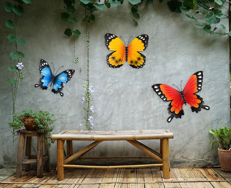 NewNest Australia - CraftyCrocodile Wall Art Indoor - Outdoor Metal Farmhouse Wall Decor Butterfly Set of 3 