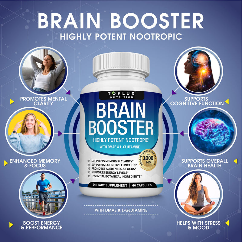 Brain Supplement Nootropic Booster – Brain Pills Vitamin for Focus, Memory, Clarity, Energy & Better Concentration, with DMAE, Bacopa Monnieri, L-Gutamine, For Men Women, 60 Capsules, Toplux Nutrition One - NewNest Australia