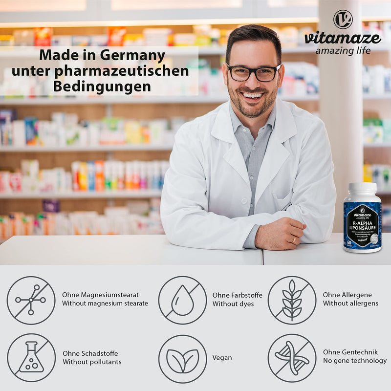 High-dose R-alpha lipoic acid, 200 mg per capsule, vegan, 2-month treatment, natural form of thioctic acid, quality product, bioactive dietary supplement without unnecessary additives, Made in Germany - NewNest Australia