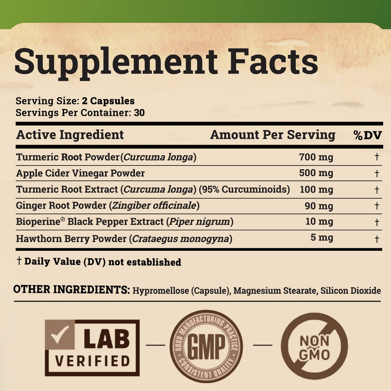 Turmeric Curcumin Supplement with Ginger & Apple Cider Vinegar, BioPerine Black Pepper, Tumeric & Ginger, 95% Curcuminoids & Joint Supplement, Antioxidant Tumeric Supplements Capsules, Nature's Base 60 Count (Pack of 1) - NewNest Australia