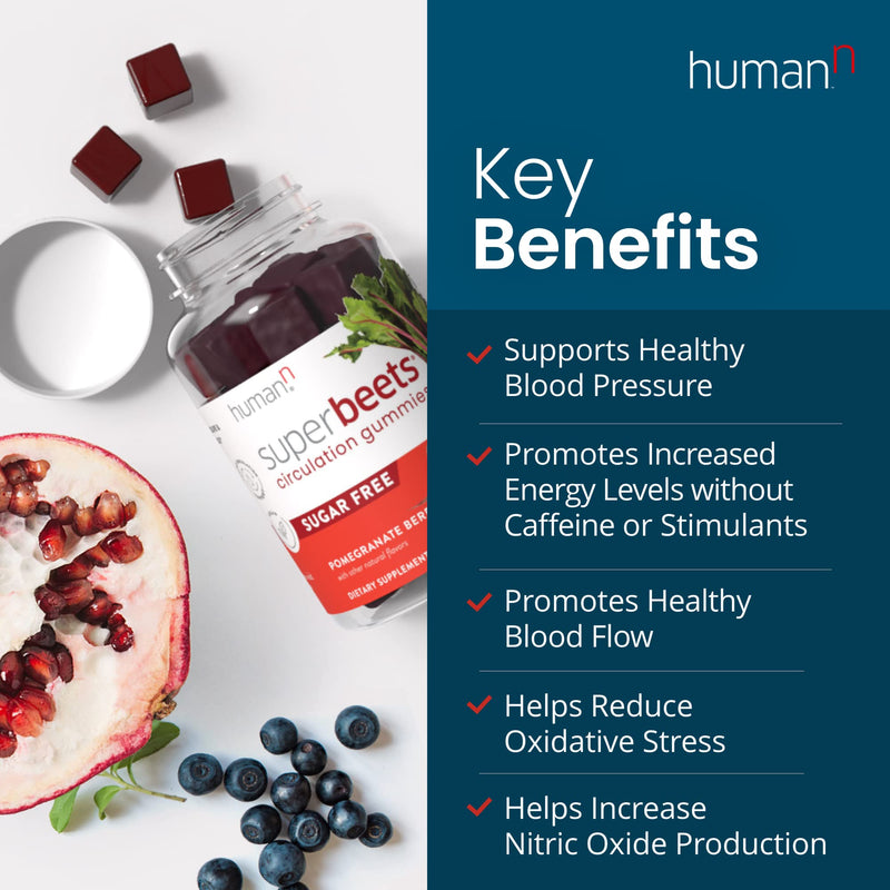 HumanN SuperBeets Sugar-Free Nitric Oxide Circulation Gummies - Daily Blood Pressure Support for Heart Health - Grape Seed Extract & Non-GMO Beet Energy Gummies - Pomegranate Berry Flavor, 60 Count 1 - NewNest Australia
