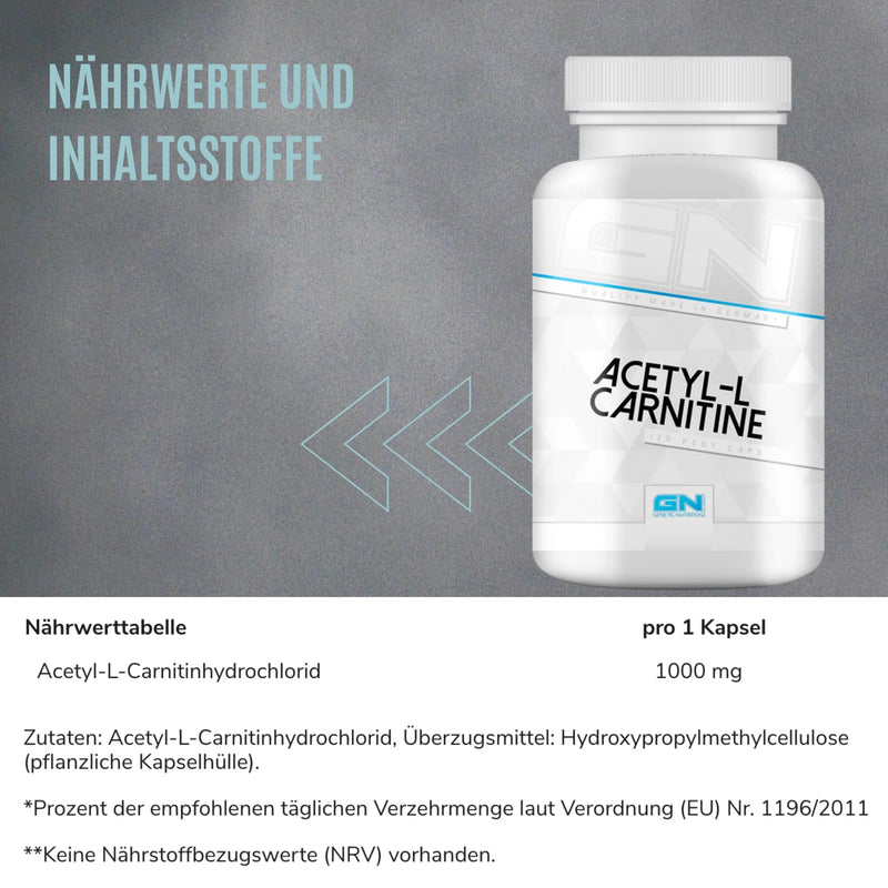 GN Laboratories Acetyl L-Carnitine - 120 capsules - 100 mg Acetyl L-Carnitine hydrochloride per capsule - Made in Germany - NewNest Australia