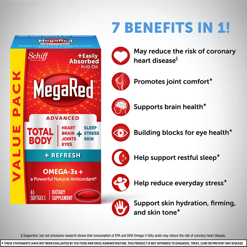 Omega-3 Blend Total Body + Refresh 500mg Softgels, MegaRed (65 count in a bottle), Easily Absorbed Krill Oil, To Support Your Heart, Joints, Brain & Eyes Total Body Refresh - NewNest Australia