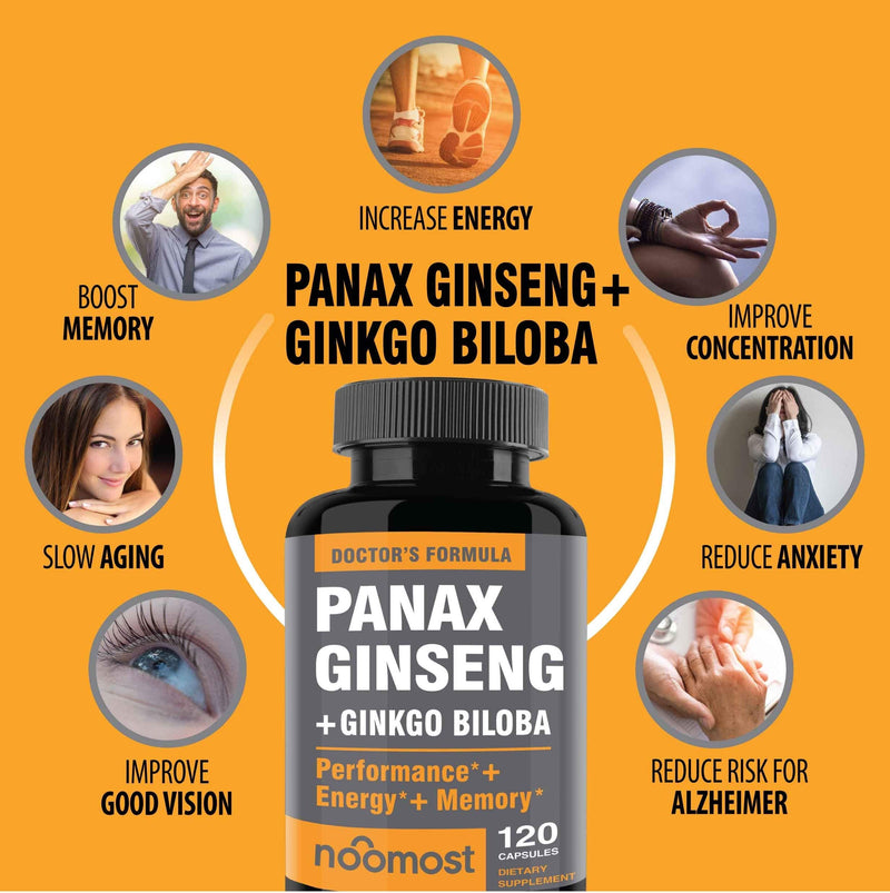 Authentic Korean Red Panax Ginseng + Ginkgo Biloba, 120 Vegan Capsules, Ginseng Root Extract Powder 1000mg (10% Ginsenosides) + Gingko Biloba 60mg, Energy and Focus Pills for Men and Women by NooMost 1 - NewNest Australia