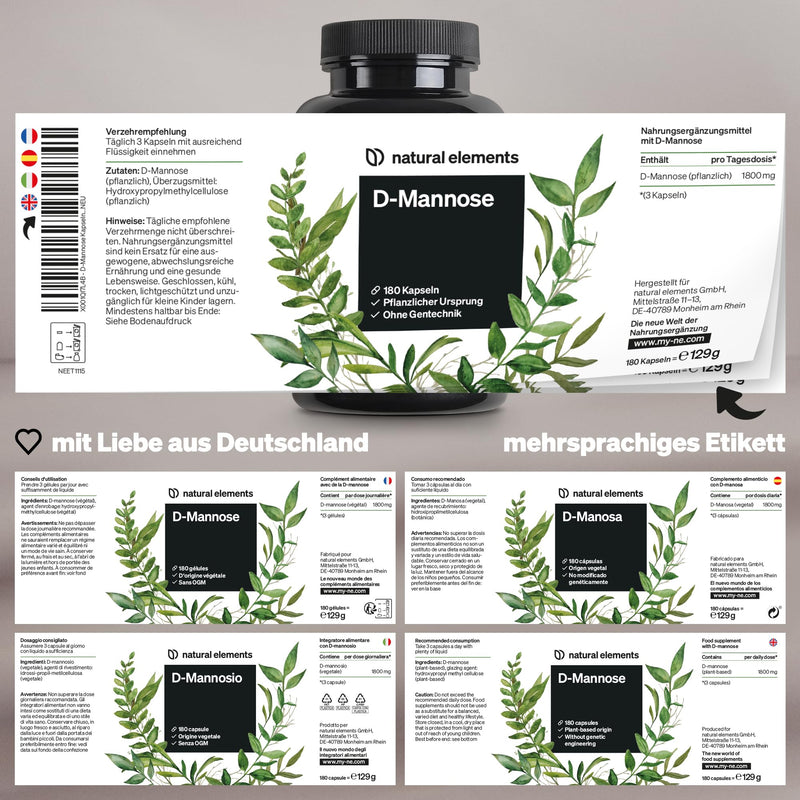 D-Mannose - 180 capsules - 1800mg D-Mannose per daily dose - vegan, optimally dosed, without unwanted additives - produced in Germany & laboratory tested - NewNest Australia