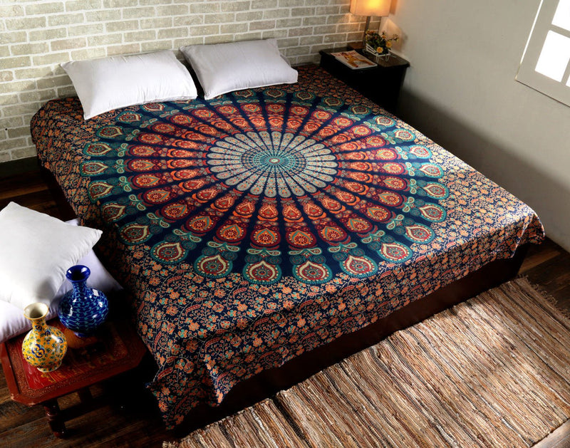 NewNest Australia - Peacock Mandala Tapestry - Hippie Queen Size Wall Hanging 90x84 inch Decorative Trippy Tapestries Bohemian Boho Bedding Indian Handmade Pure Cotton Bed Spread Sheet Golden Blue Queen L-90 x W-84 Inches 