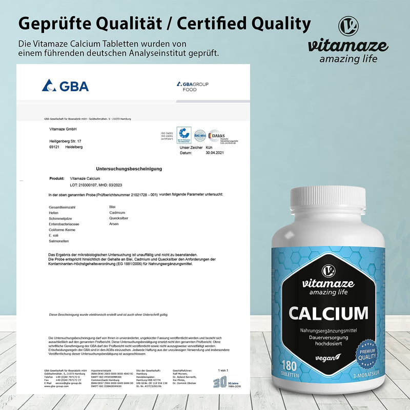 High-dose vegan calcium tablets, 180 tablets for 3 months, 800 mg calcium carbonate per daily dose, organic dietary supplement without additives, made in Germany 180 pieces (pack of 1) - NewNest Australia
