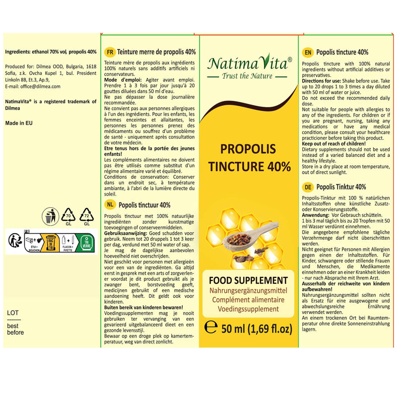 Propolis tincture 40% - 50 ml - Pure high-dose propolis drops - 100% natural - Propolis extract - Practical pipette - Easy dosage - NatimaVita 50.00 ml (pack of 1) - NewNest Australia