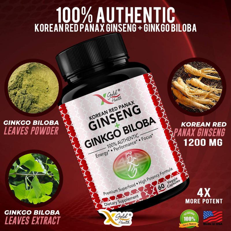 Korean Red Panax Ginseng 1200mg + Ginkgo Biloba - Extra Strength Root Extract Powder Supplement w/High Ginsenosides Vegan Capsules for Energy, Performance & Focus Pills for Men & Women 60 Count (Pack of 1) - NewNest Australia