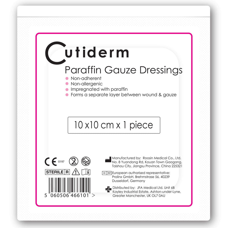 Pack of 10 Cutiderm Sterile Paraffin Gauze Dressing 10cm x 10cm - Suitable for Superficial and Partial Thickness Burns, Skin Loss Wounds, abrasions and Traumatic Injuries 10 Count (Pack of 1) - NewNest Australia