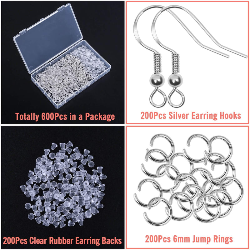 Hypoallergenic Earring Hooks, Thrilez 600Pcs Earring Making Kit with Hypoallergenic Earring Hooks, Jump Rings and Clear Rubber Earring Backs for DIY Jewelry Making (Silver) Silver - NewNest Australia