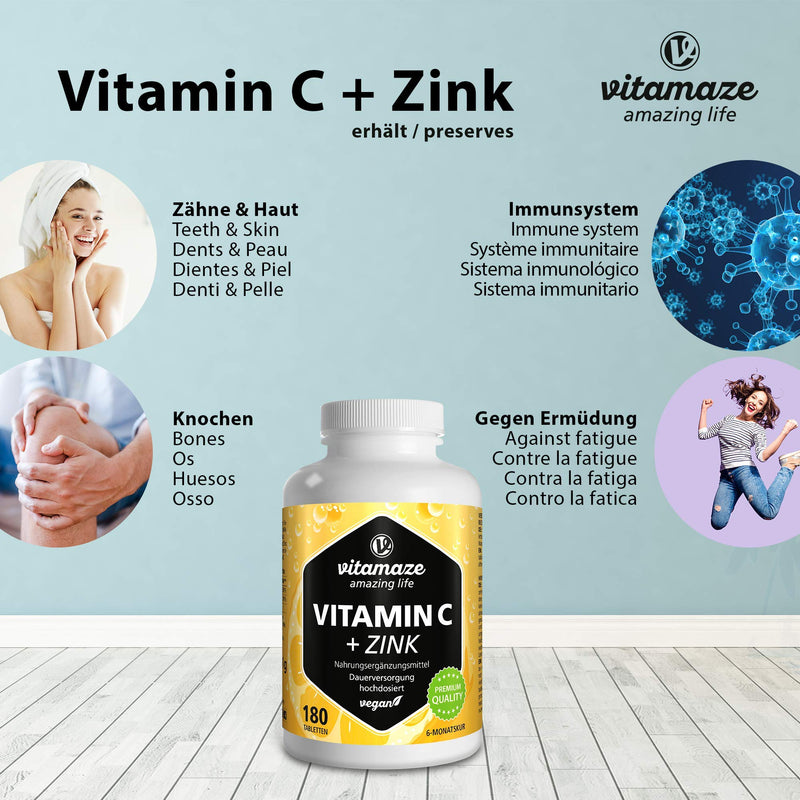 High-dose vitamin C 1000 mg + zinc, vegan & optimally bioavailable, 180 tablets for 6 months, natural dietary supplement without unnecessary additives, made in Germany - NewNest Australia