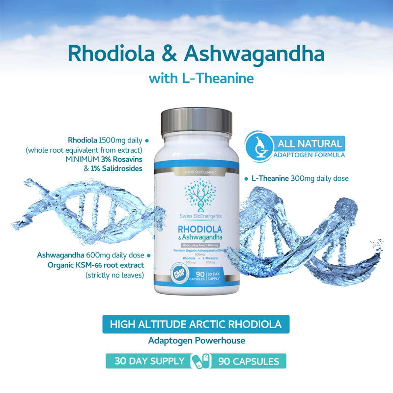 Rhodiola & Ashwagandha with L-Theanine - Award Winning Ashwagandha KSM-66 600mg & 1500mg Rhodiola (3% Rosavins - 1% Salidrosides) whole root equivalent- adaptogen combo- No artificial fillers- UK Made - NewNest Australia