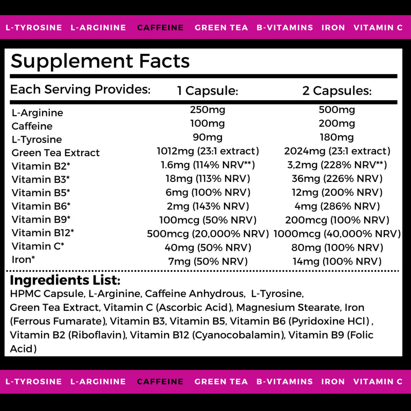 Power Pact Pre Workout Nootropic Complex – Caffeine, B Vitamins, Vitamin C, L-Tyrosine, L-Arginine, Green Tea, Iron – Increased Concentration, Focus, Tiredness & Fatigue – 60 Vegan Capsules - NewNest Australia