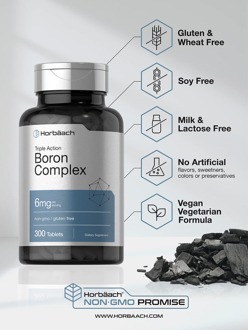 Triple Boron Complex 6 mg Supplement | 300 Tablets | Vegetarian, Non-GMO & Gluten Free | Triple Action Boron Citrate, Boron Glycinate, Boron Asparate | by Horbaach - NewNest Australia