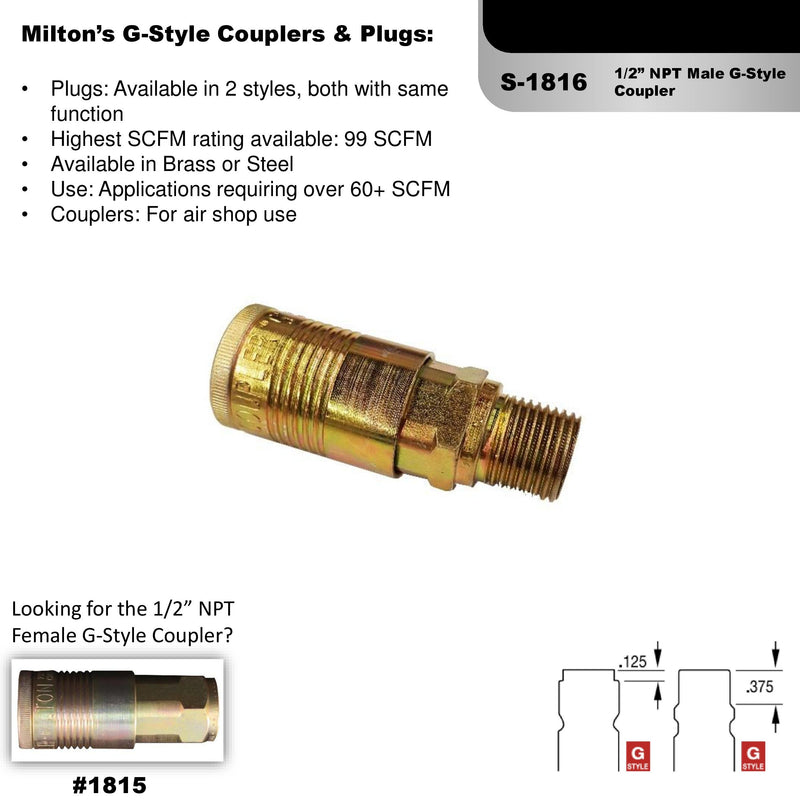 Milton S-1816 1/2" MNPT G Style Coupler Single - NewNest Australia