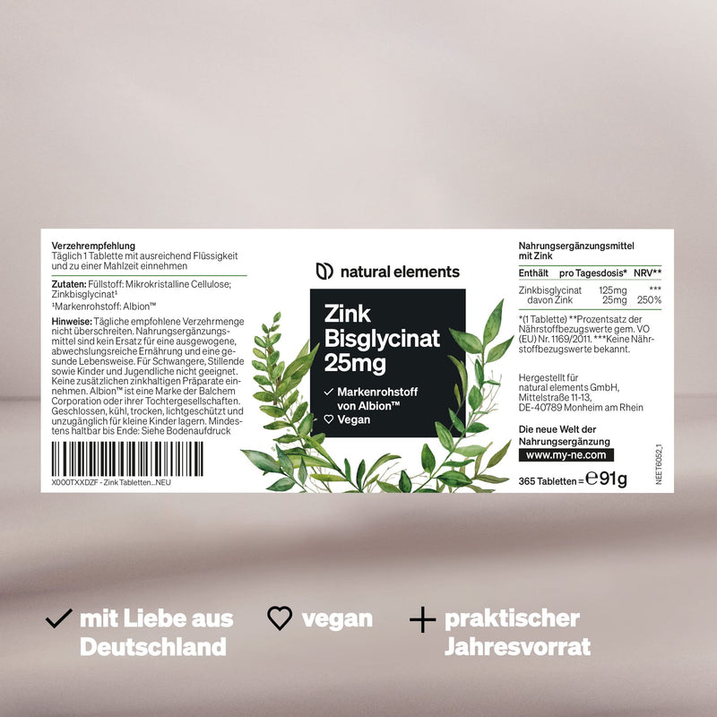 Zinc 25mg - 365 Tablets - Premium: Albion® Zinc Bisglycinate (Zinc Chelate) - Value for Money Winner 2018/2019* - Laboratory tested, high dosage and made in Germany - NewNest Australia