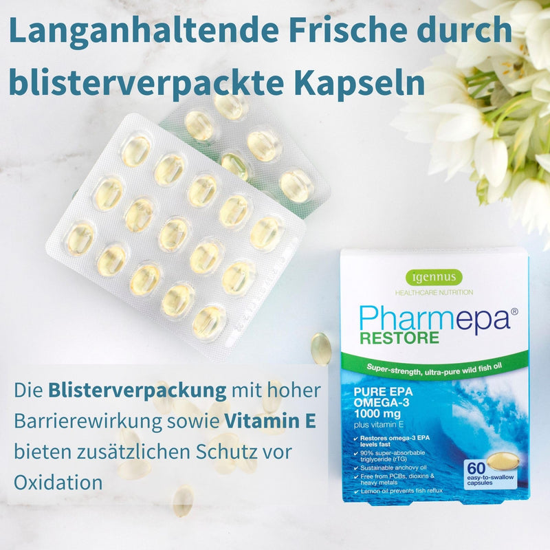 PharmEPA RESTORE 1000mg pure EPA in triglyceride form, Omega 3 90% EPA fatty acids in fish oil capsules, high dose, triple strength, 60 capsules, from Igennus - NewNest Australia
