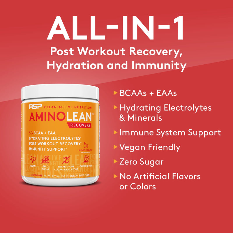 RSP AminoLean Recovery - Post Workout BCAAs Amino Acids Supplement + Electrolytes, BCAAs and EAAs for Hydration Boost, Immunity Support - Muscle Recovery Drink, Vegan Friendly, Blood Orange 30 Servings (Pack of 1) - NewNest Australia