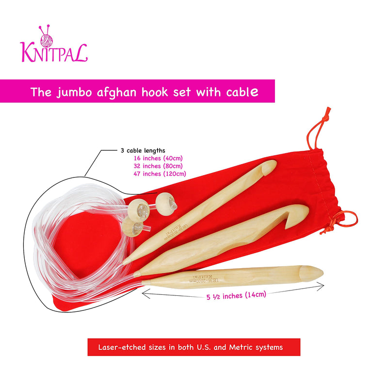 KnitPal 16-inch(40cm) Extra Large Wooden Tunisian Crochet Hooks Set with Cable, for Baby Afghan Blankets, 3 Chunky Hook Sizes P, S and T (15,20 and 25mm), (3 Free Patterns) 16-inch(40cm) Large - NewNest Australia