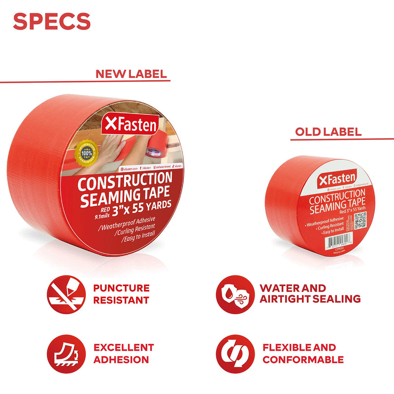 XFasten Construction Seaming Tape Red, 3" x 55 Yards, Building Sheathing and Flashing Polymer Tape for Joints, Vapor Barrier, Foam Board Insulation, House Wrap, Crawl Space and Epoxy Resin Single Pack (3-Inches x 55-Yards) - NewNest Australia