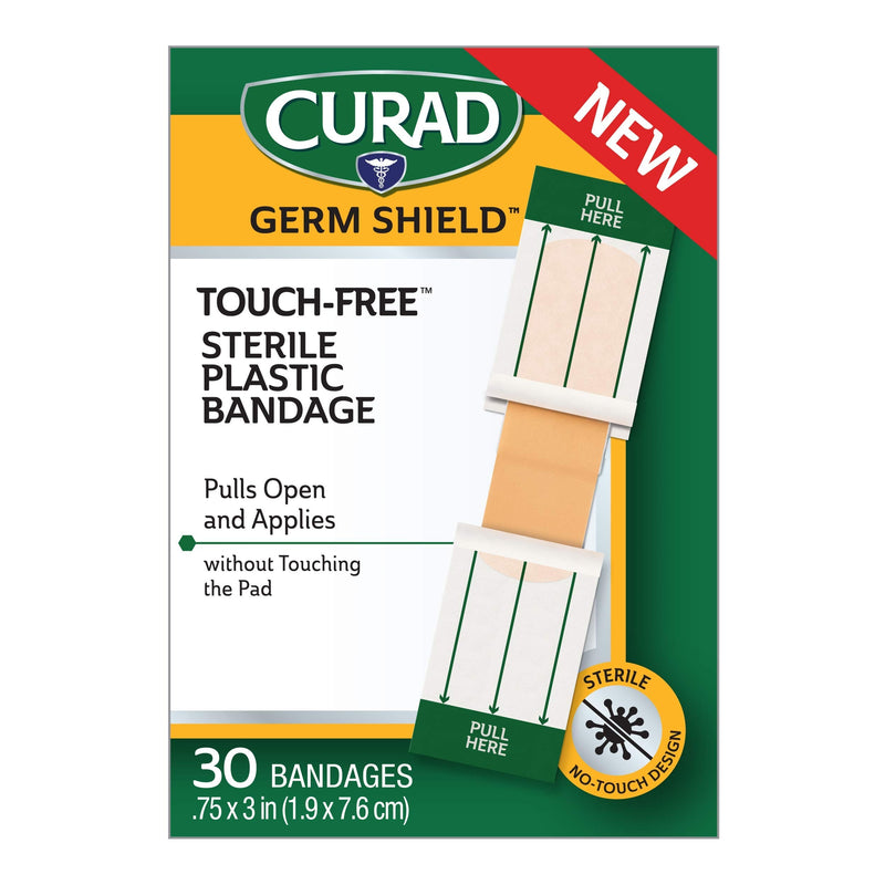 Curad Germ Shield Touch-Free Adhesive Bandage, Plastic Bandage with Easy Application Wrapper.75" x 3", 30 Count - NewNest Australia