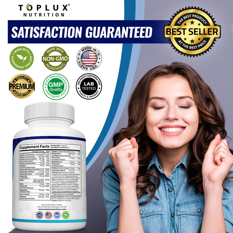 Brain Supplement Nootropic Booster – Brain Pills Vitamin for Focus, Memory, Clarity, Energy & Better Concentration, with DMAE, Bacopa Monnieri, L-Gutamine, For Men Women, 60 Capsules, Toplux Nutrition One - NewNest Australia