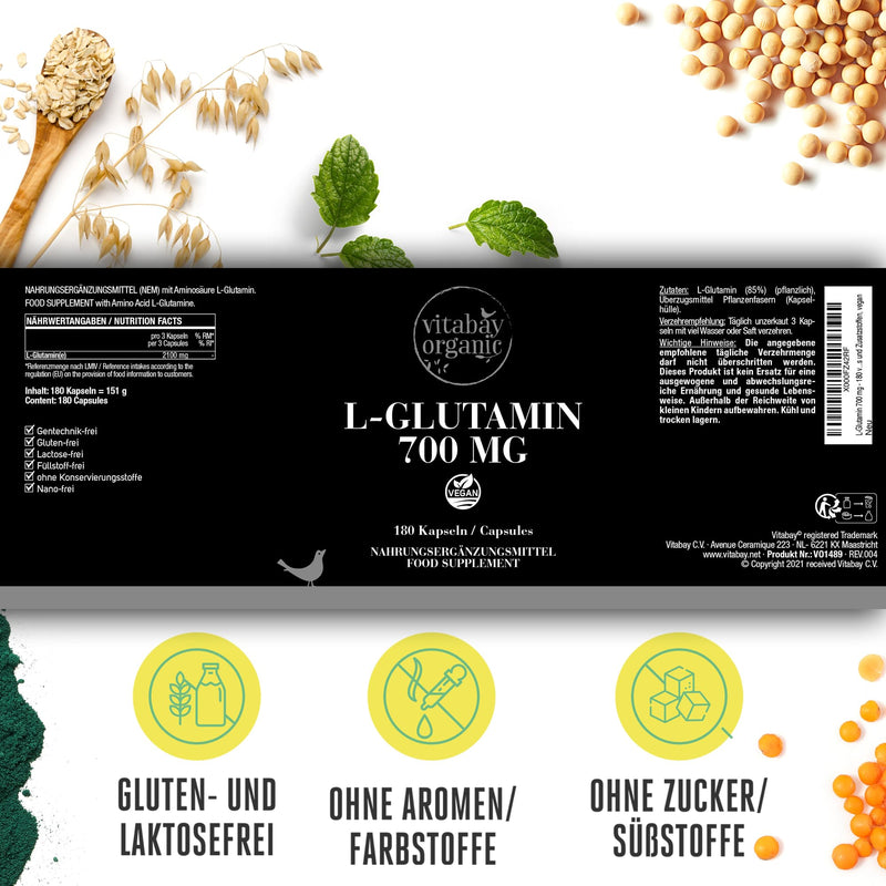 Vitabay L-glutamine Capsules 700mMg Vegan - 180 Capsules L-glutamine High Dose - L Glutamine Capsules Glutamine Glutamic Acid - Amino Acid L-glutamine High Dose Laboratory Tested - Glutamine Vegan 180 Pieces (Pack of 1) - NewNest Australia