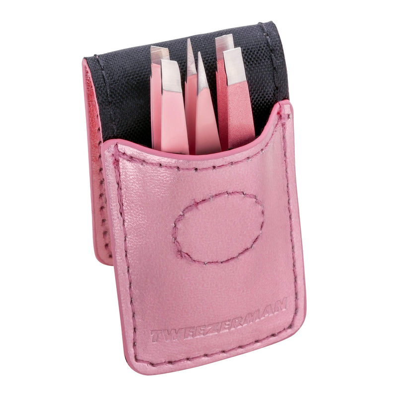 TWEEZERMAN mini tweezers set, 3 pieces for eyebrow plucking for travel and on the go, pink - NewNest Australia