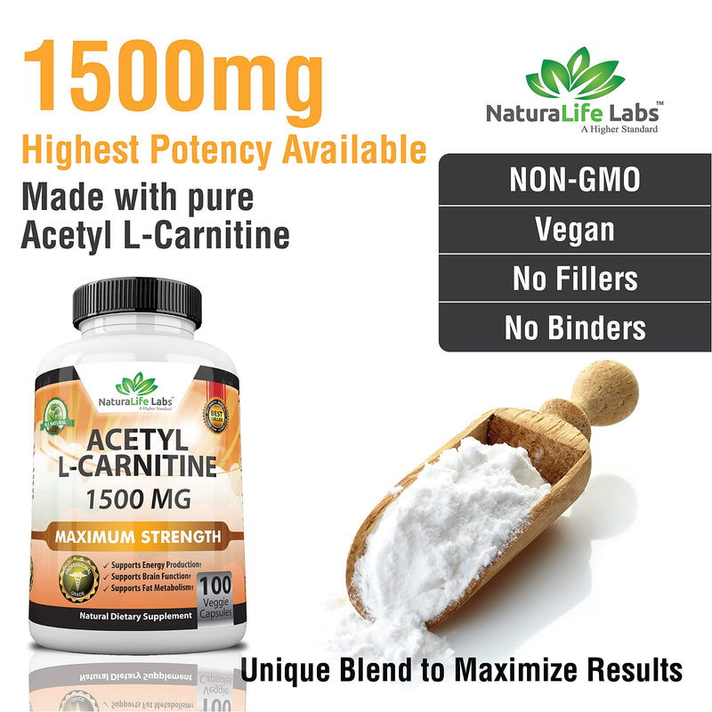 Acetyl L-Carnitine 1,500 mg High Potency Supports Natural Energy Production, Supports Memory/Focus - 100 Veggie Capsules - NewNest Australia