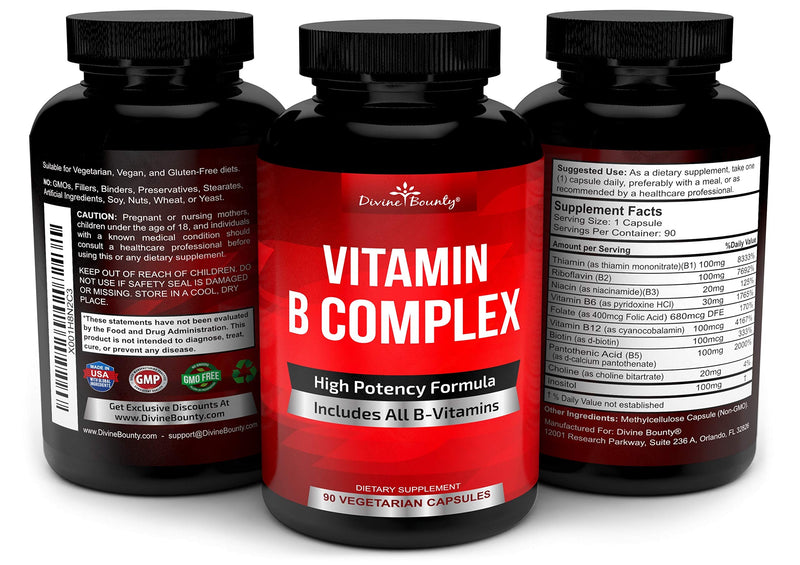 Divine Bounty Super B Complex Vitamins - All B Vitamins Including B12, B1, B2, B3, B5, B6, B7, B9, Folic Acid - Vitamin B Supplement - Support Healthy Energy Metabolism - 90 Vegetarian Capsules 1 - NewNest Australia