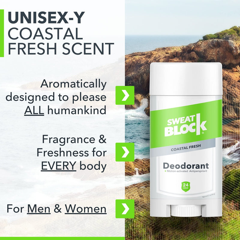 SweatBlock [AM] Deodorant Antiperspirant for Men & Women - Daily Sweat & Odor Protection - Easy, Clean, Smooth Glide - Dermatologist Tested - Coastal Fresh Scent, 2.7oz Stick (Daily Strength 2 Pack) - NewNest Australia