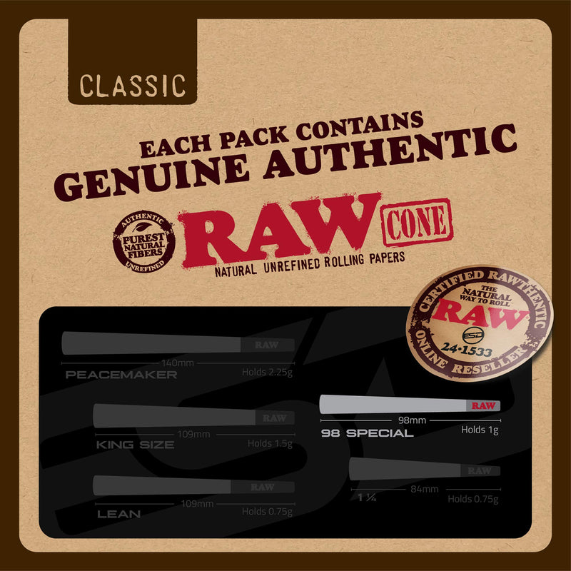 RAW Cones Classic 98 Special | 100 Pack | Natural Pre Rolled Rolling Paper with Tips & Packing Sticks Included - NewNest Australia