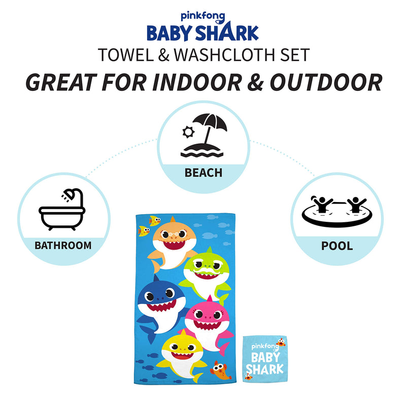 Franco Kids Bath and Beach Soft Cotton Terry Towel with Washcloth Set, 25" x 50", Baby Shark 25" x 50" - NewNest Australia