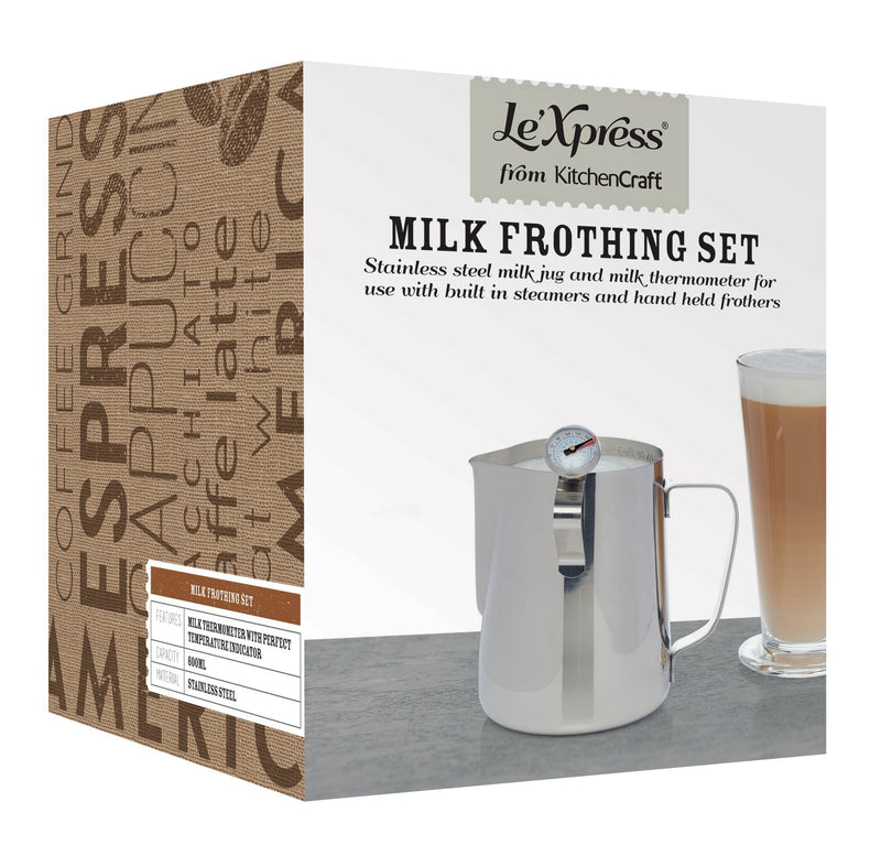 Le’Xpress Stainless Steel Milk Jug with Frothing Thermometer, 600 ml (1 Pint) - NewNest Australia