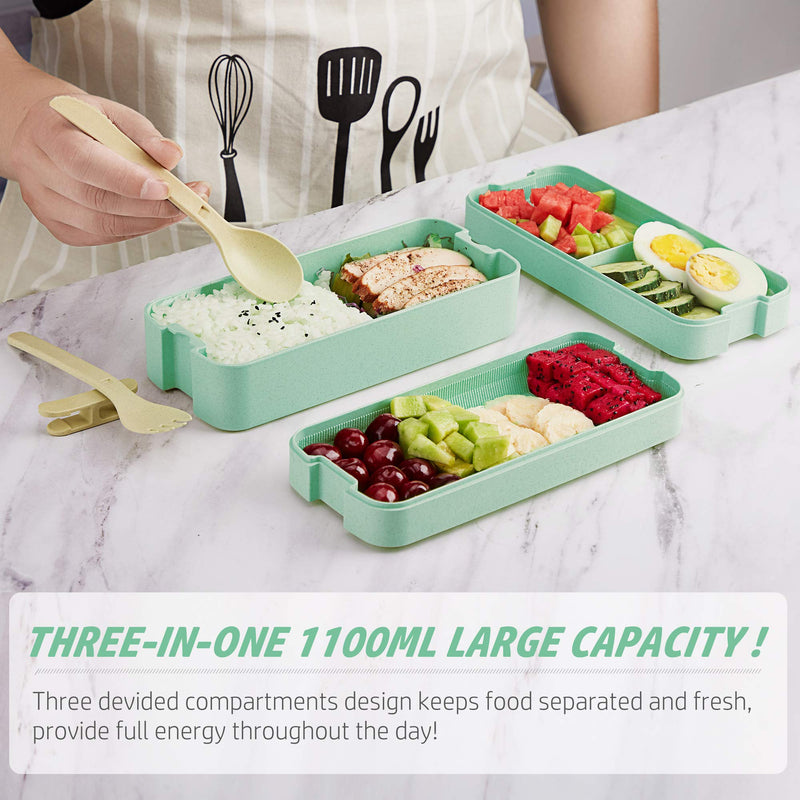 NewNest Australia - AZAWA Bento Lunch Box 1100ml/38oz, 3-Layer Bento Box with Spoon & Fork for Kids Adult & Office Worker, BPA-Free Wheat Fiber Lunch Box Leak-Proof Food Containers with Bonus Lunch Bag (Green) Green 