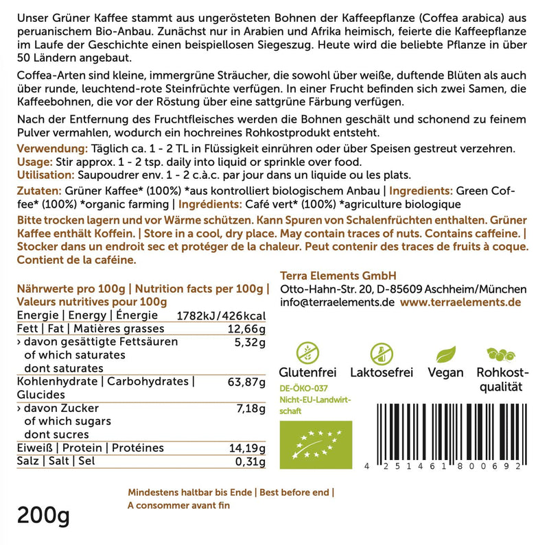 Terra Elements Organic Green Coffee Powder, 200 g I Coffea arabica I Made from unroasted coffee beans I 100% pure I Vegan I Raw food - NewNest Australia