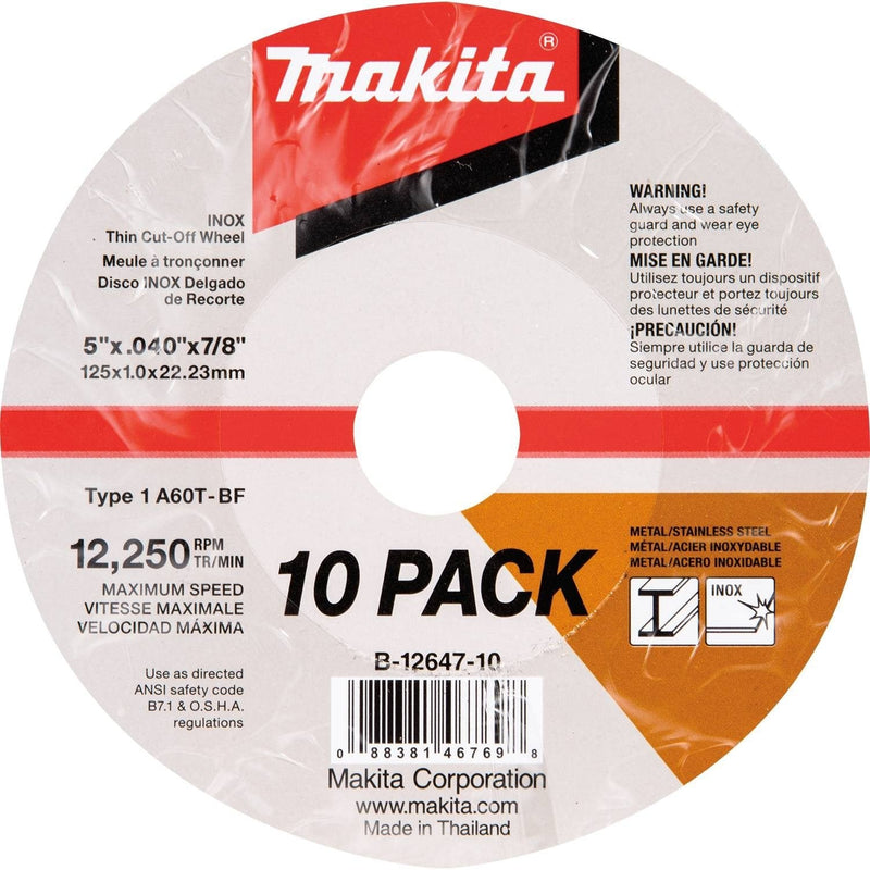 Makita B-12647-10 5" x .040" x 7/8" INOX Thin Cut-Off Wheel, 10/Pk - NewNest Australia