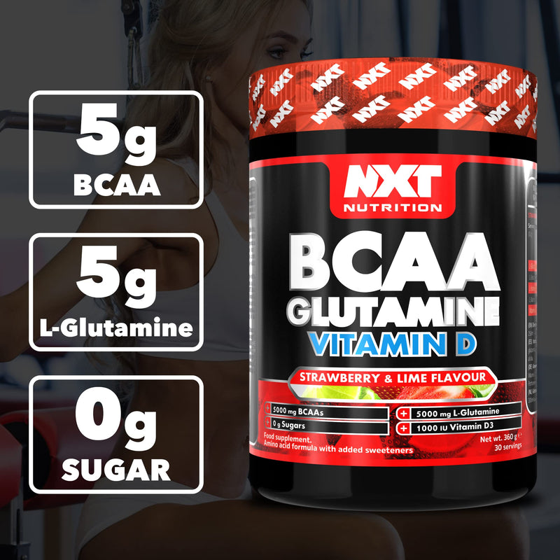 NXT Nutrition BCAA, Glutamine & Vitamin D | BCAAs Amino Acids with Vitamin D3 and L-Glutamine - for Recovery, Gut Health and Muscle Protein Synthesis | Strawberry Lime | 360g - 30 Serving - NewNest Australia