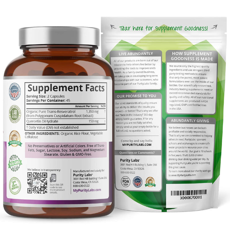 Organic Trans-Resveratrol Enhanced with Quercetin - 1,500MG Highest Potency Available in Vegetable Capsule - Powerful Support for CV System, Bones, Hair, Skin Nails - 90 caps - NewNest Australia
