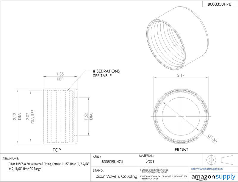 Dixon R15CS-A Brass Holedall Fitting, Ferrule, 1-1/2" Hose ID, 2-7/64" to 2-11/64" Hose OD Range - NewNest Australia