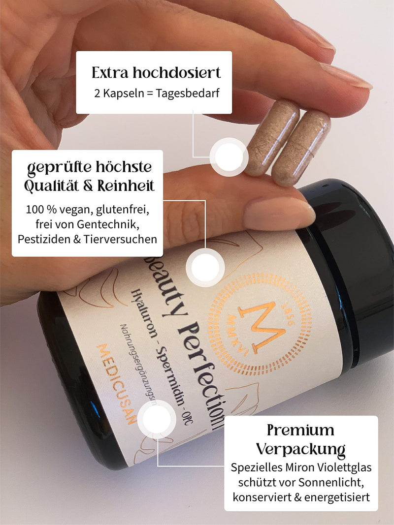 Medicusan Beauty Perfection I - 200mg hyaluronic acid - 1mg spermidine - 11,250mg OPC grape seed - 100% NRV biotin, copper, manganese - nettle, lavender, dandelion and much more. – 2 capsules/day – 60 PCS/30 days - NewNest Australia