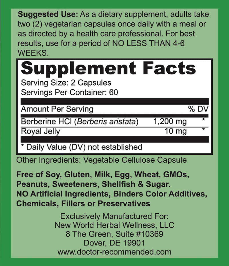 Berberine Plus 1200mg Per Serving - 120 Veggie Capsules Royal Jelly, Supports Healthy Immune System, Improves Cardiovascular Heart & Gastrointestinal Wellness - NewNest Australia