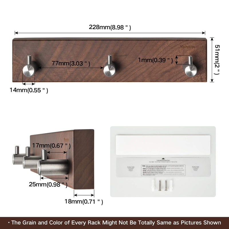 NewNest Australia - YOHOM Adhesive Coat Hooks Rack Wall Mounted Walnut Wood with 3 Hooks Rail Hat Clothes Hanger Towel Robe Hook Washcloth Key Holder Entryway Organizer for Door Bathroom Kitchen Hallway 